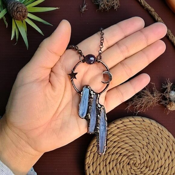 Boho Chic Kyanite & Amethyst Crescent Moon Star Pendant Vintage Necklace ๐โจ - Picture 10 of 12